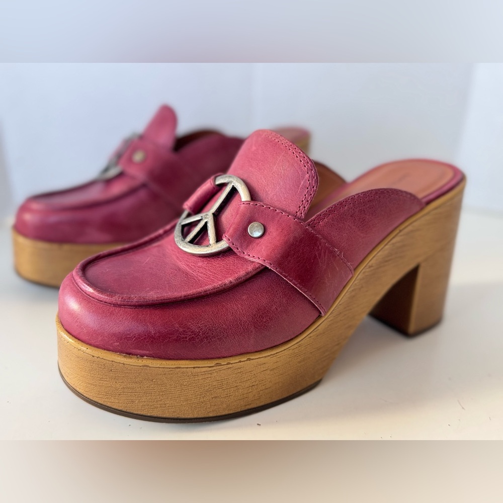 Lucky Brand Aleah Peace Sign Leather Wooden Chunky Platform Clog Mule Shoes 9 - Picture 5 of 12